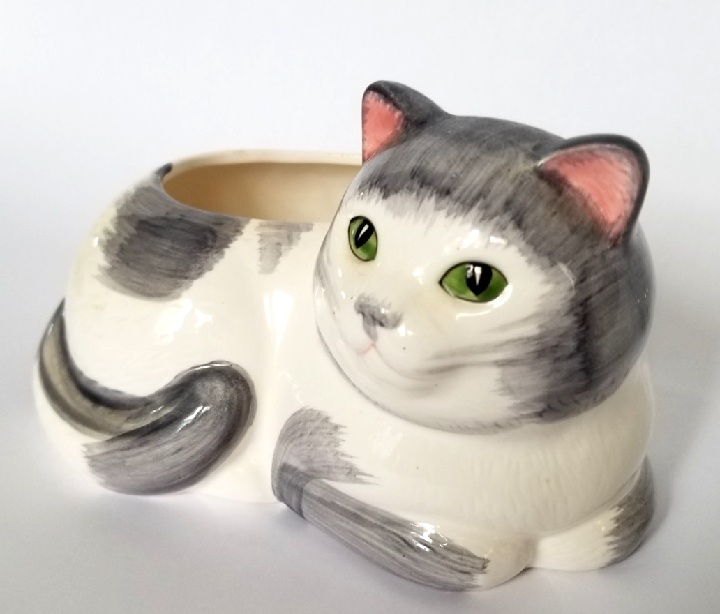 Vintage Kitty Cat Planter Gray White Green Eyes Pink Ears