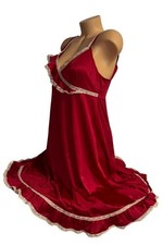 SHADOWLINE Red Shiny Satin Cream Lace Trim Nylon Nightie Nightgown M