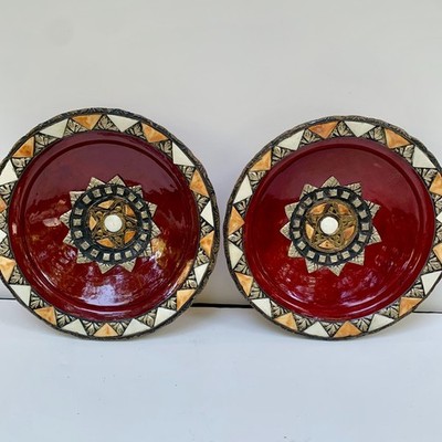2 Vintage Fez Moroccan Red Ceramic Plate with Camel Bone Inlay & Brass & Silver