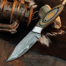 Gift-Ready 8.7" Damascus / Steel Knife Full Tang Hunt it Hunt + Leather Sheath