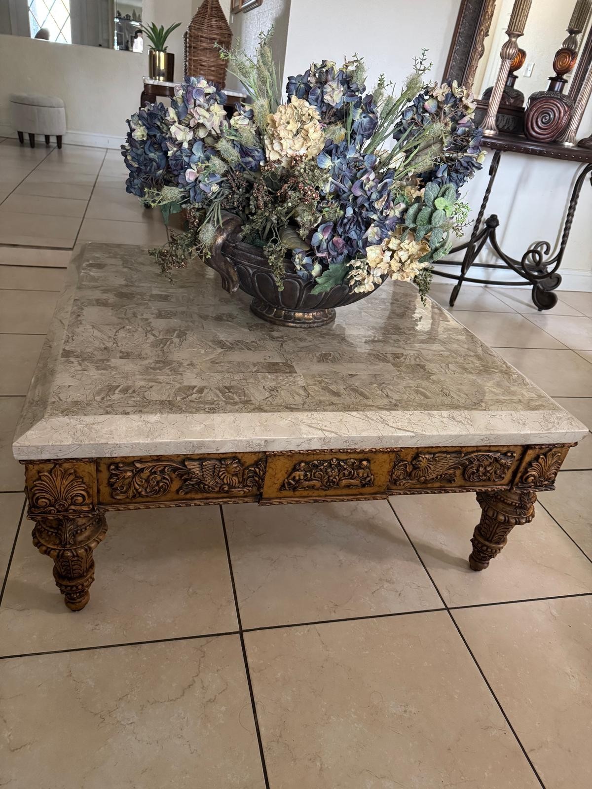Elegant Marble Top Coffee Table – Solid Wood, Hand-Carved Base