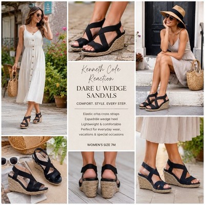 Kenneth Cole Reaction 7M Black Espadrille Wedge Sandals Elastic Criss Cross Boho
