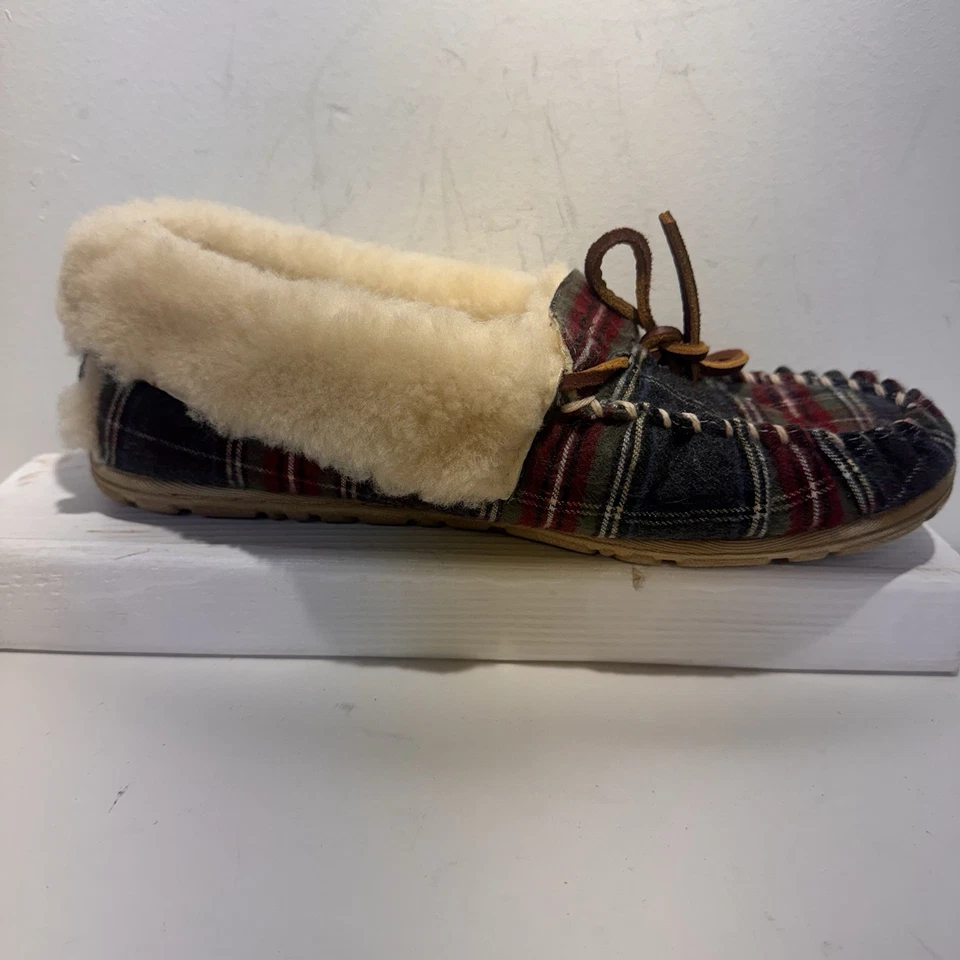 Chinelos femininos LL Bean Wicked Good tamanho 10 mocassins xadrez de pele vermelho - Imagem 3 de 4
