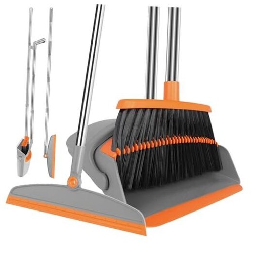 Broom with Dustpan & Floor Squeegee Set - 51" Adjustable Handle Silicone Orange