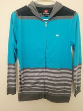 New Quiksilver Striped Zip Full Hoodie Jacket Youth Cyan Fleece Boys M 12