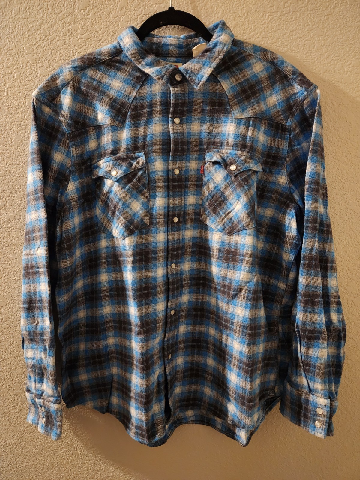 Levis Men’s Flannel Shirt Size XL Blue/Gray Plaid Pearl Snap Western