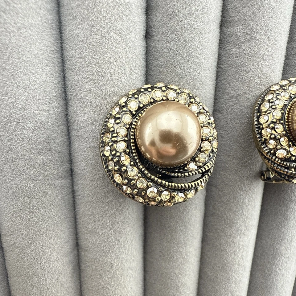 Heidi Daus Earrings Spiral Round Imitation Pearl Rhinestones Mocha Omega Back - Image 2 of 4