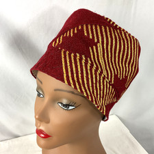 African Kufi Hat Red Gold Women Medium 7 1/8 22" Canvas Polyester Bohemian