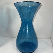 Vintage Hand Blown Art Glass Crackle 10.5  Vase In Aqua Blue