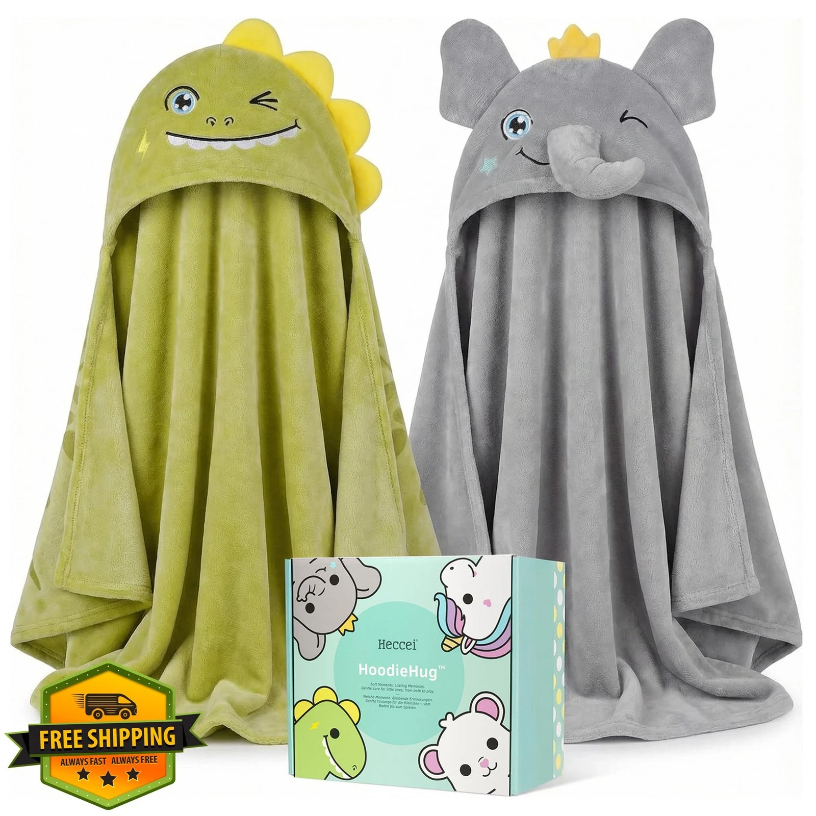HECCEI Toddler Hooded Towels Dino Elephant 0-5 Years 2 Pack