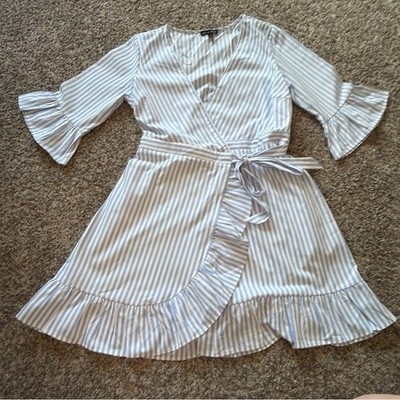 As U Wish Blue and White Striped Wrap Dress with Ruffle Hem