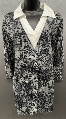 Womens Placket Top 1X Black White Cheetah Animal Print Sweater Tunic NEW