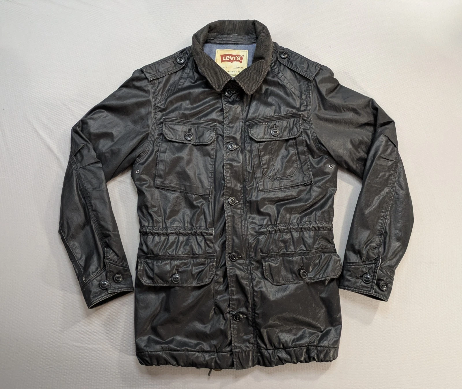 Levi's Waxed Jacket Black Mens S Field Utility Fishing Corduroy Collar Barbour