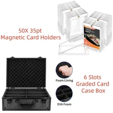 Graded Card Case Storage Box + 50 Pack 35PT One Touch Magnetic Card Holders