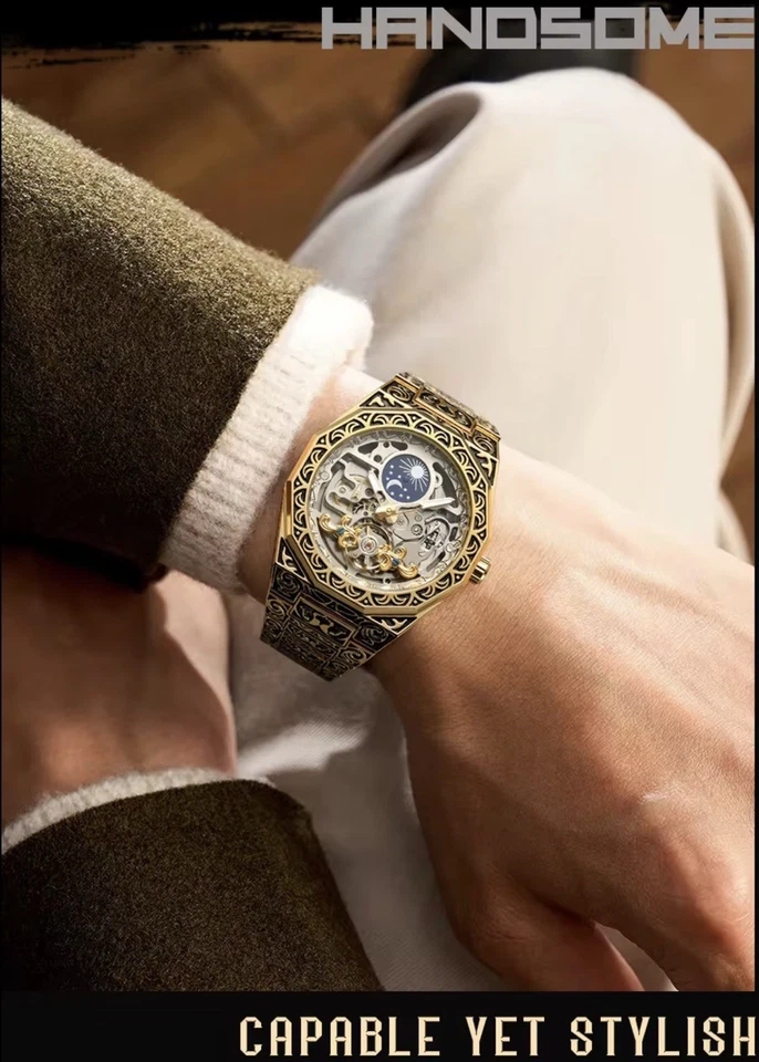 Reloj para Hombres FORSINING Esqueleto Tallado Tourbillon Mecánico Esfera Luna Impermeable Foto 3 de 4