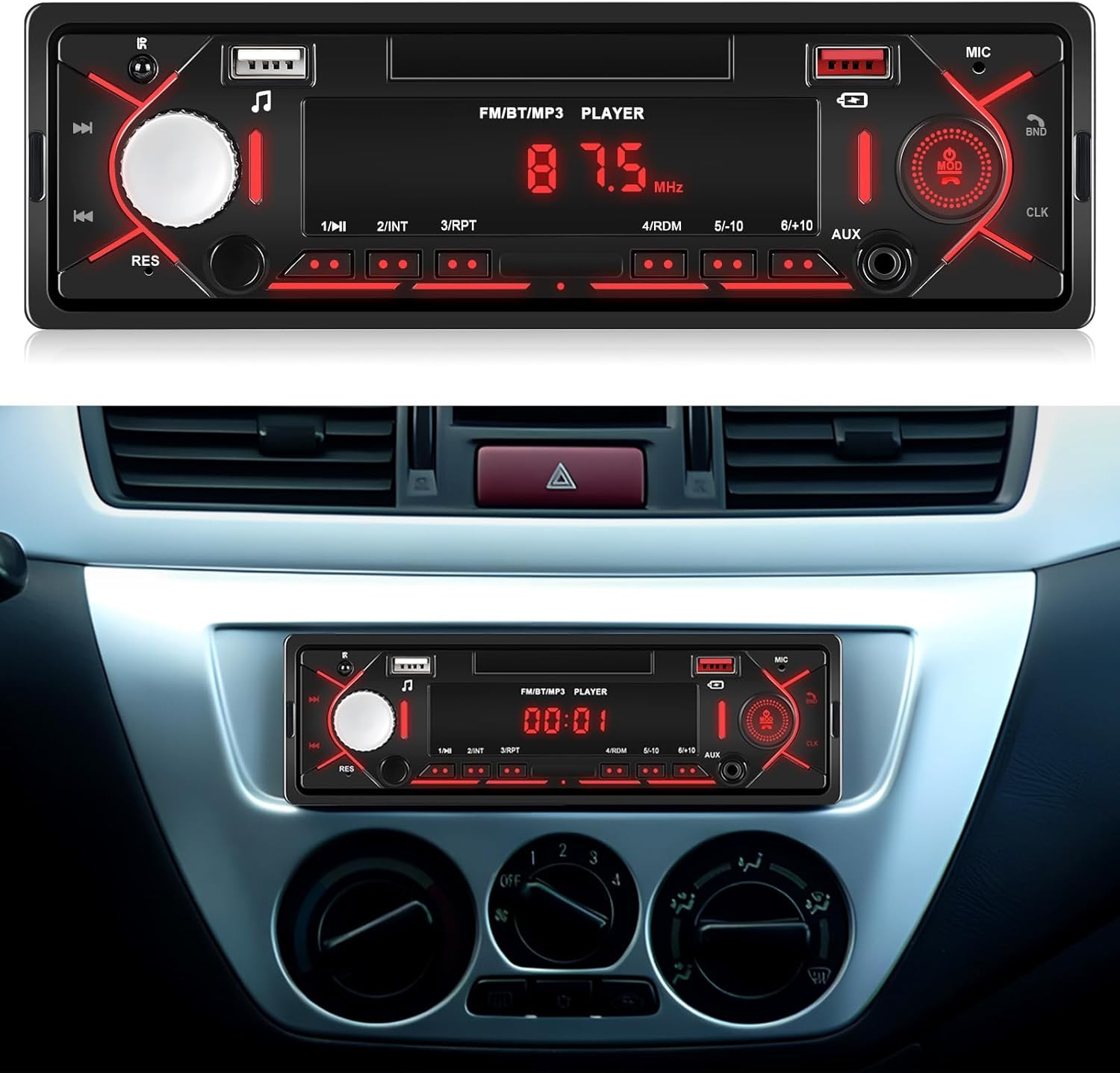 Autoradio 1 DIN Con Bluetooth 5.0, Radio 1 DIN Con FM, Bluetooth, USB/SD/AUX-IN,