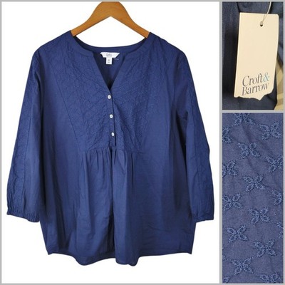 NEW Croft Barrow Peasant Top Plus XXL Navy Blue Embroidered Puff Sleeve Prarie 