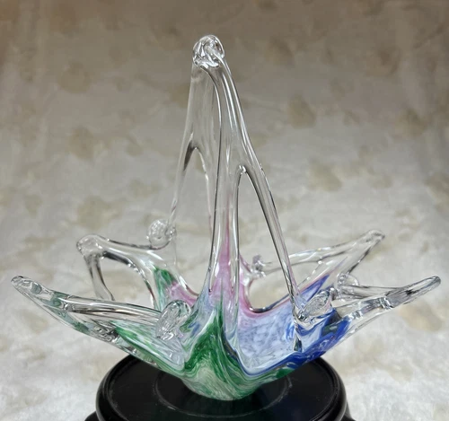 Vintage Lavorazione A Mano M. Murano Italy W Sticker Blown Glass Basket 7.5”x8”