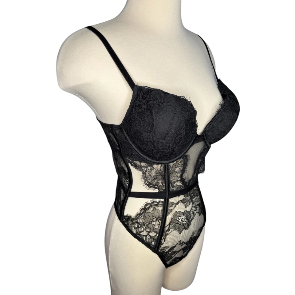 Victoria's Secret Black Lace Bombshell Teddy Bodysuit Lingerie Add 2 Cup Sizes M - Image 4 of 4