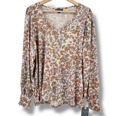 New Democracy Wide V-Neck Floral Camo Print Shirt Plus Sz 1X Wisteria - Image 1 of 4