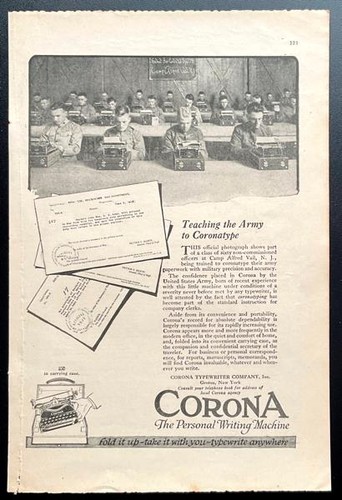 1920 Corona Portable Typewriter print AD “Teaching the Army to Coronatype”