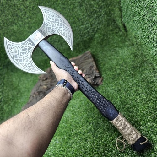 Double Edge Axe Custom Forged Carbon Steel Viking Axe with Rose Wood Shaft - Picture 2 of 3