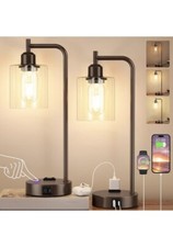 2-Pack Brown Industrial Touch Bedside Lamps with USB Ports  AC Outlet 3 Way