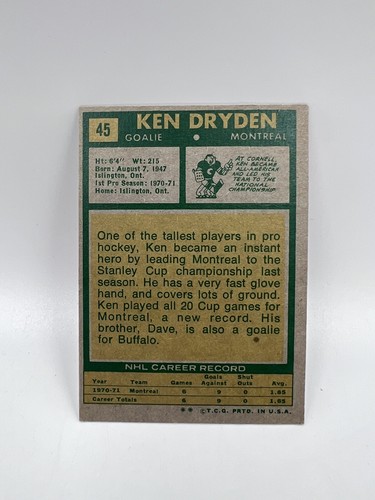 Ken Dryden 1971-72 Topps Hockey Vintage ROOKIE Card #45 CANADIENS - Good - Bild 2 von 3