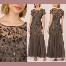 NWT Adrianna Papell  2  Hand Beaded Short Sleeve Floral Godet Gown in Lead J96
