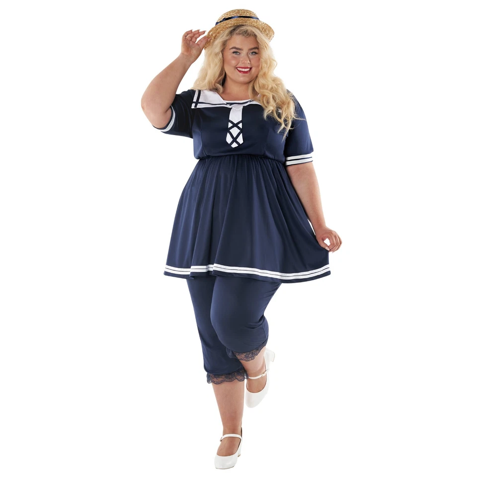 Womens Blue Victorian Bathing Costume Ladies 1920s Swimsuit Fancy Dress S - XXL - Image 4 of 4