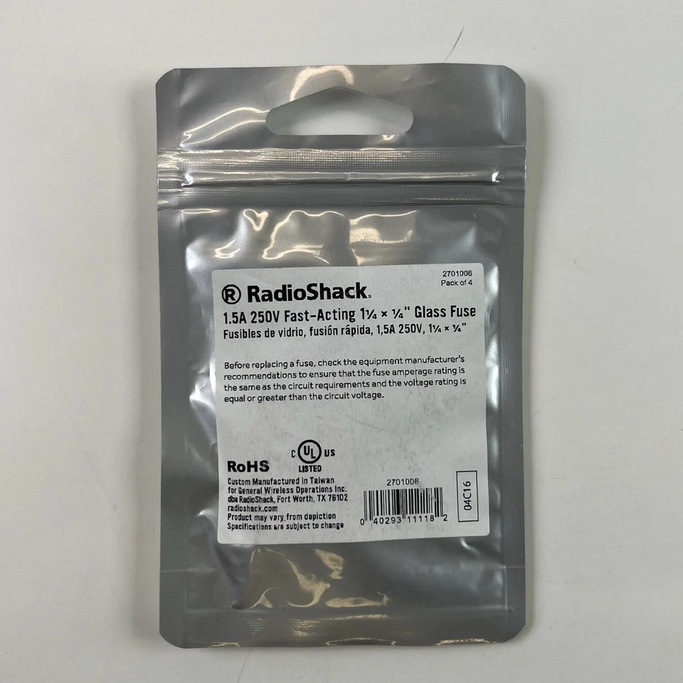 RadioShack RSH2701006 1.5A 250V быстрого действия 1 1/4 x 1/4» стеклянный предохранитель (4) новый - Изображение 2 из 2