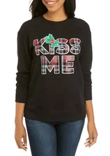 Crown & Ivy Womens XL Black "KISS ME" Christmas Knit Pullover Top NWT