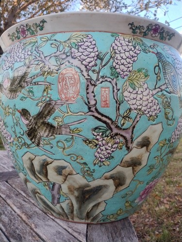 Giant Enameled Birds & Grapes Chinese Export Porcelain Fish Bowl Planter 21" Dia - Picture 4 of 24