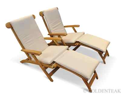 Teak Steamer Chair Chaise Lounge and Cushion Set - PAIR, Bermuda Collection