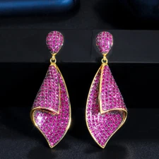 Chic Rose Red Micro Pave CZ Long Dangle Earring 925 Silver Pin Jewelry for Women
