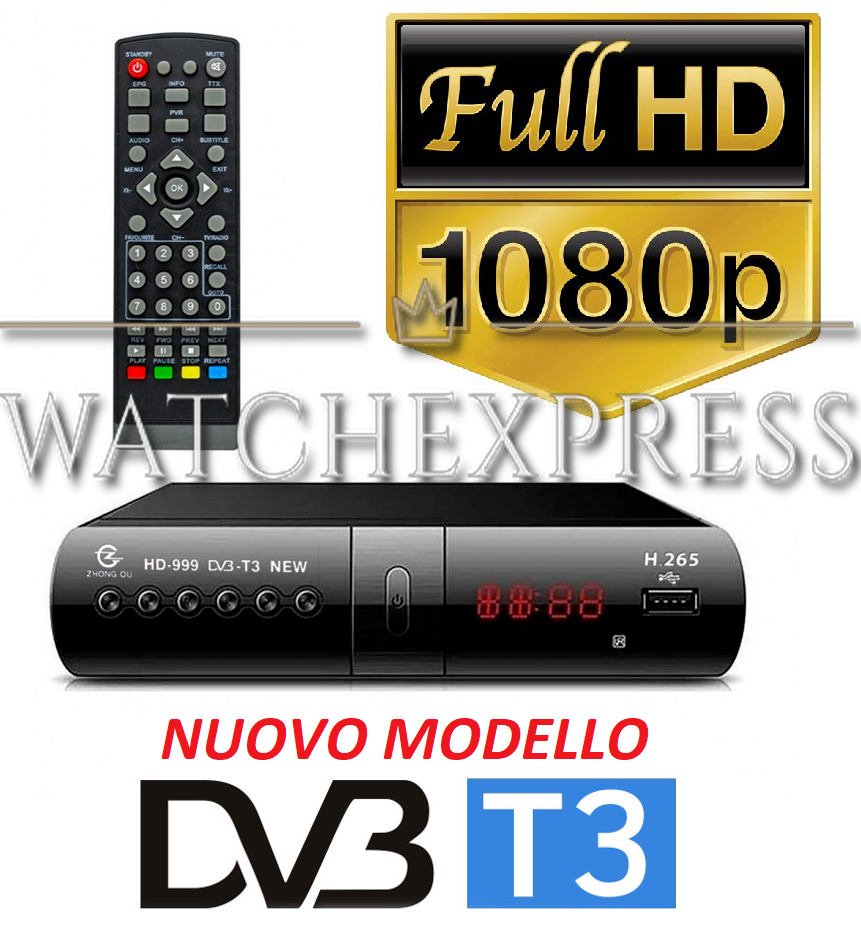Decoder DVB-T3 Full HD – Ricevitore Digitale Terrestre Con HEVC H265, USB Per Multimedia E PVR, Telecomando Incluso