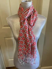 Orange, Gray, White Geometric Pattern Scarf With Fringe 74” Long x 28" wide