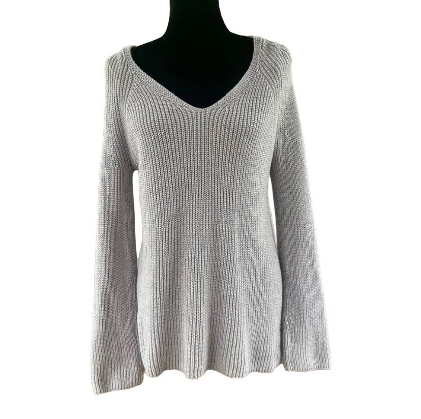 Lou & Grey Women's Grey Chunky Knit V-Neck Pullover Sweater Size S Wool Blend