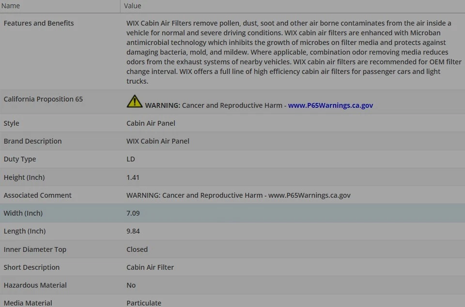 WIX Cabin Air Filter For NISSAN ROGUE SPORT 2017-2022 L4-2.0L - Image 3 of 4