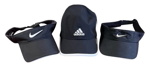 3 Lot Black Nike Adidas Embroidered Adjustable Visor Hat Cap White Logo Unisex