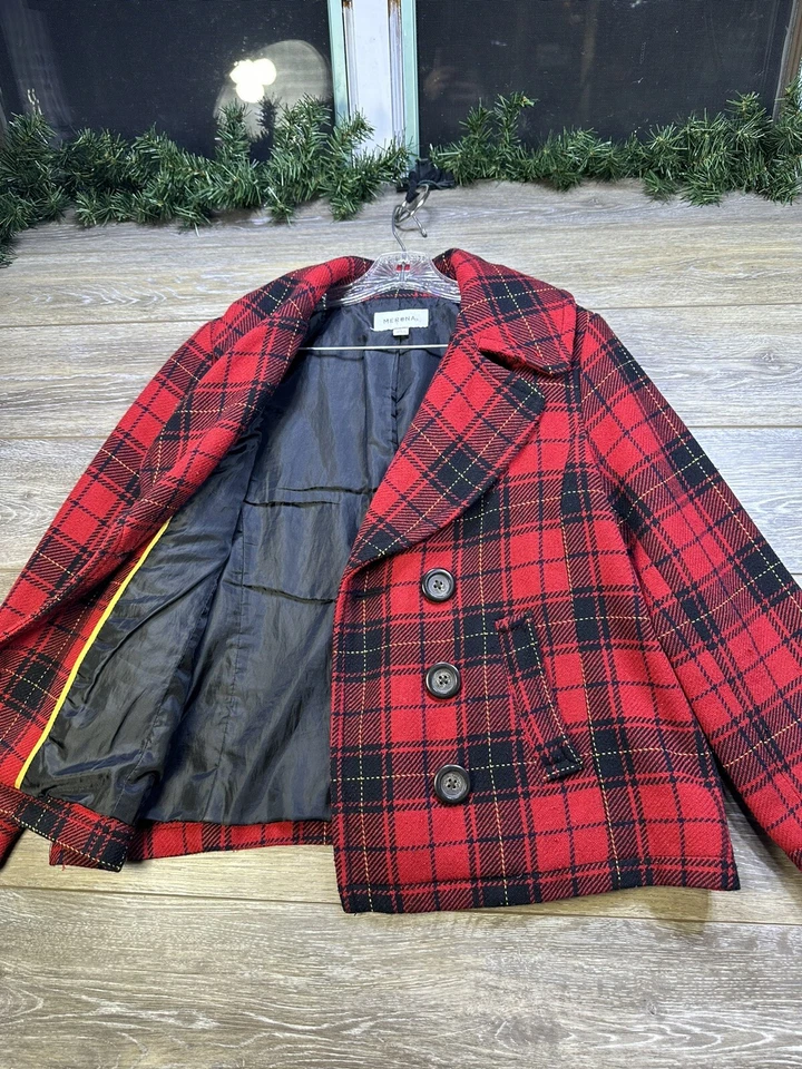 Abrigo Merona Pea Talla Grande Mujer’s Rojo Chaqueta de Lana a Cuadros, Botones, Forrado, Tweed Foto 4 de 4