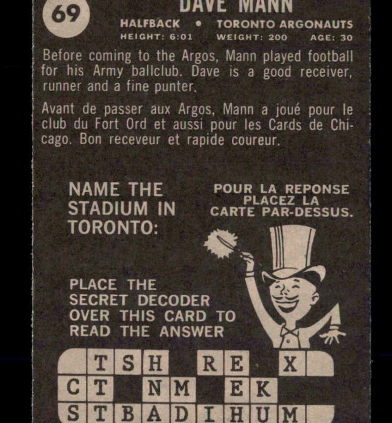 1964 Topps CFL #69 Dave Mann  EXMT+ X3192706 - Image 2 of 3