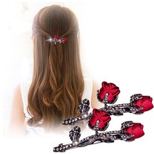 Vintage Crystal Rose Hair Clips,Elegant Rhinestones Flower Metal red