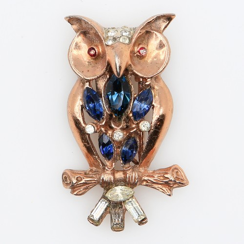 Vintage Adolph Katz Coro Craft Sterling Owl Rhinestone Fur Clip 1940s