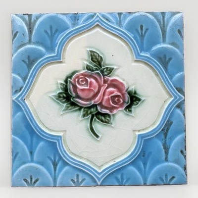 Vintage Keramik Blumen Fliese Rosa Rosen Blau Glasiert Deko Retro Englisch