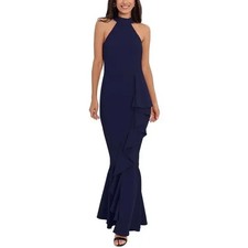 Betsy Adam Navy Blue Mock Neck Ruffle Crepe Gown Size 4 239