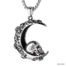 Gothic Skull Moon Pendant Necklace – 3D Crescent Design, Stainless Steel Punk