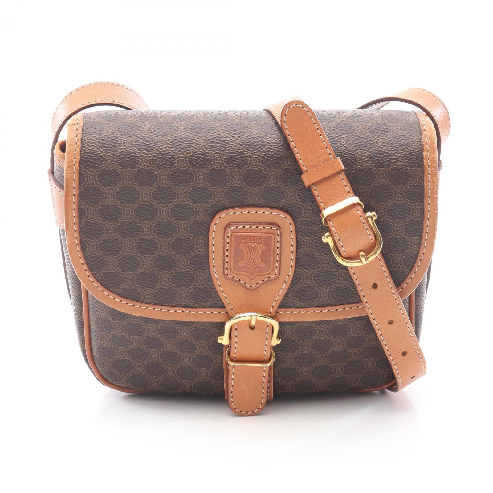 CELINE Macadam Shoulder Crossbody Bag PVC coated canvas leather Brown Used Women