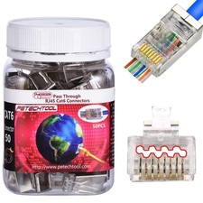 RJ45 Cat6a Cat6 Gold Plated Connectors 8P8C Pass Through Shield 50 Pack 
