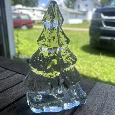 L.E. Smith Crystal Glass Christmas Tree Candleholder Bookend Heavy Blown Glass
